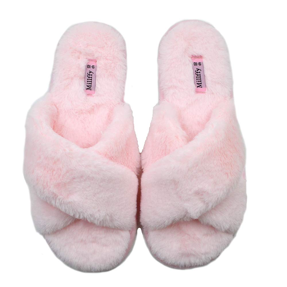 MillffyFuzzy Fluffy Open Toe Slippers for Summer Warm Comfy flip Flop Slippers for Women Slip on
