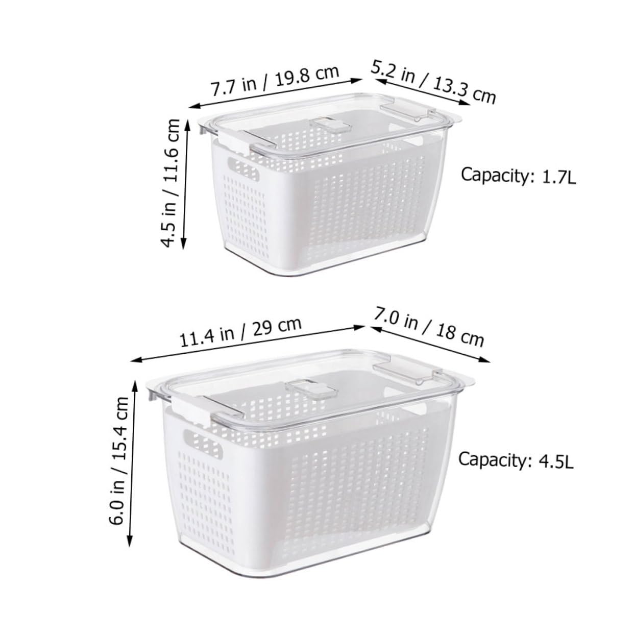 Cabilock Bacs de Rangement Multifonctionnels et Lot de 2 pour Réfrigérateur et 4,5l en Pet Blanc 1,7l Égouttoir Intégré Gain de Temps pour Légumes
