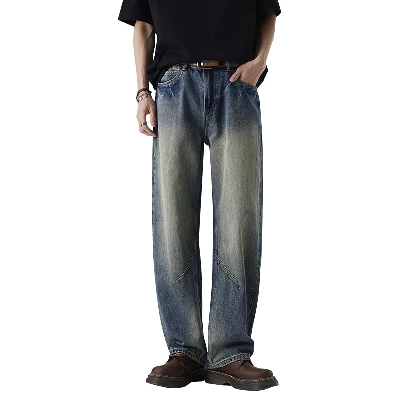 Light Colored Jeans for Men Elastic Waist Fashion Loose Straight Leg Pants Trendy Wide Leg Casual Long Pants
