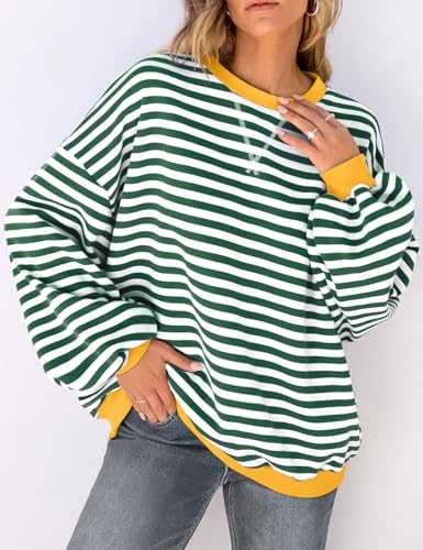 Image of UEU Women Oversized Striped Crewneck Sweatshirt Long Sleeve Color Block Pullover Tops Casual Loose Workout Shirt