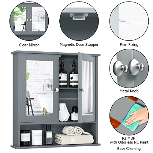 Tangkula Bathroom Cabinet Wall Mounted With Double Mirror Doors, Wood Hanging Cabinet With Doors And Shelves, Bathroom Wall Mirror Cabinet (Gray) #TOP6