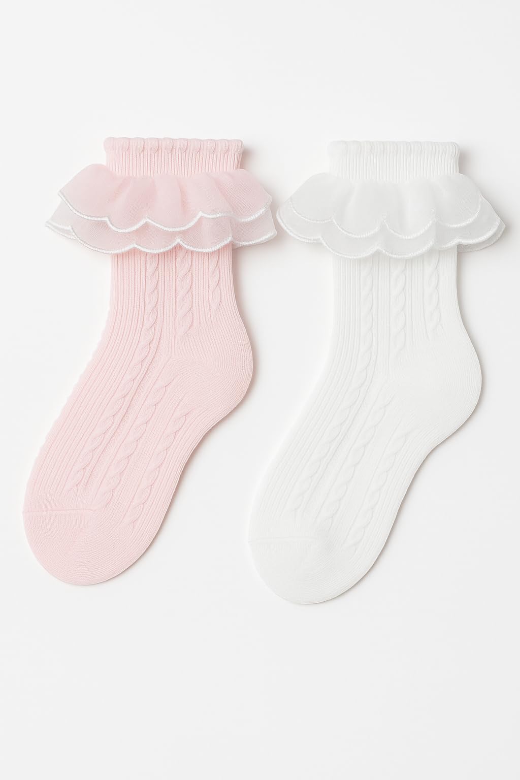 Coco Cotton Ruffle Frill Lace Ankle Socks for Girls, White and Pink, Age 2-10 Years, Pack of 2 Pairs-image-8