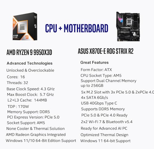 Image of MICRO CENTER AMD Ryzen 9 9950X3D CPU Processor with ASUS ROG Strix X870E-E R2 Gaming WiFi ATX Motherboard (WiFi 7, 5X M.2, PCIe 5.0, USB4 Type-C)