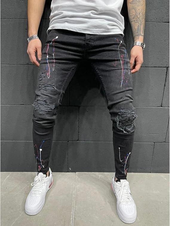 Stretch Skinny Ripped Jeans for Men Slim Fit Straight Leg Denim Pants Fashion Vintage Distressed Biker Jeans3