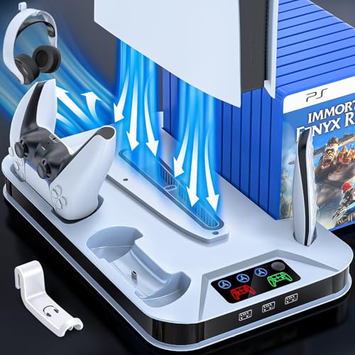 Image of PS5 / PS5 Slim Cooling Station with Controller Charging Station for PlayStation 5 Console Disc /Digital, Cooling Stand for PlayStation 5 Slim with Cooler Fan Accessories with 3 USB Hubs /Headset Holder