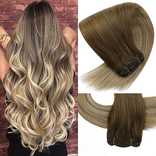 VeSunny Balayage Weft Human Hair Extensions Sew in Color #4 Dark Brown Fading to #14 Mix #60 Platinum Blonde Double Weft Bundles 16" Remy Straight Hair Weft 100G