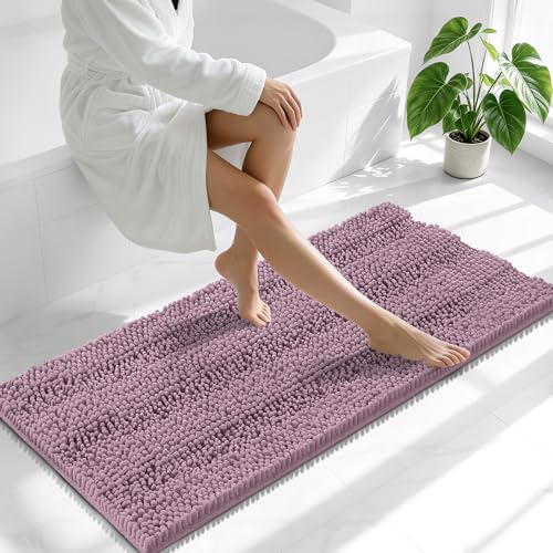 Image of Smiry Thick Chenille Bathroom Runner Rugs 47x20, Extra Absorbent Striped Bath Mat, Machine Washable, Rubber Backing, Long Bath Rugs for Tub & Shower, Modern Home Decor Accessories, Deep Plum