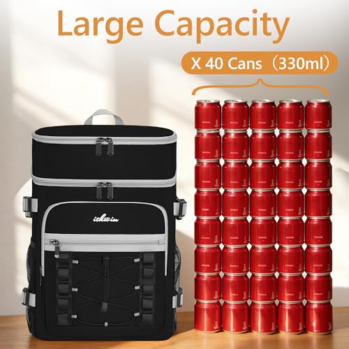 Image of Cooler Backpack, 40 Cans Insulated Lunch Backpack Picnic Backpack for Men&Women, Durable Cooler Bag with 2 Leak Proof Compartments for Picnic, BBQ Camping, Lunch, Beach, Hiking, Black