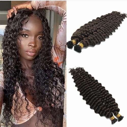I Tip Hair 100 Strand Brazilian Wet And Wavy Curly Human Hair Microlinks Keratin I Tips Hair Water Wave (16inch 100Strand, #2(Darkest Brown))