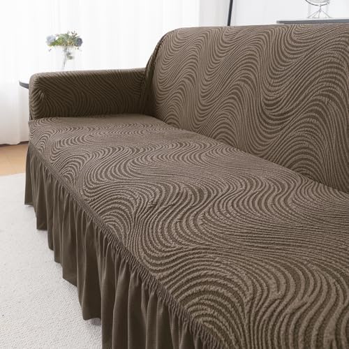 Image of HOKIPO 3 Seater Sofa Cover with Frill - 240 GSM Premium Jacquard Stretchable Fully Covered Slipcover,' Serene Wave Series' Taupe Brown (AR-6354-LBR)