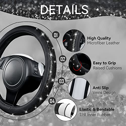 Car Pass Bling Diamond Leather Steering Wheel Cover, With Bling Sparkly Crystal Glitter Rhinestones Universal Fit 14"1/2-15" Car Wheel Protector For Women Girl Fit Suvs,Vans,Sedans,Cars,Trucks, Black #TOP5