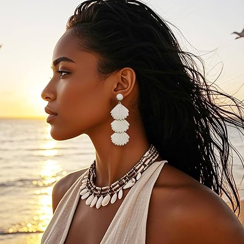 Raffia Dangle Earrings for Women - Boho Statement Rattan Drop Jewelry with Shell Design, Lightweight Summer Beach Trendy Accessories2