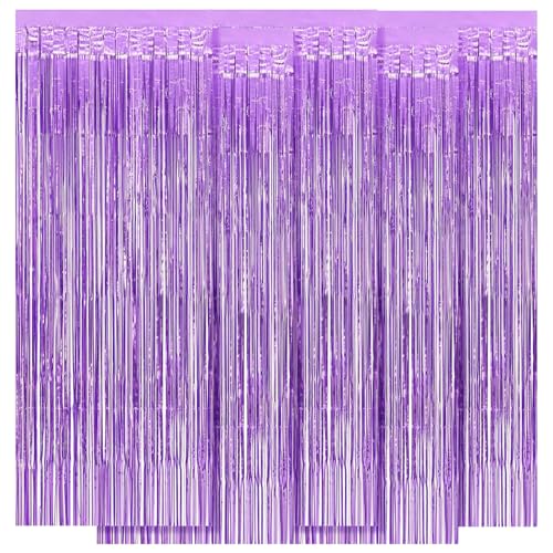 Image of 5 Pack Purple Foil Curtain Backdrop 3.2ft x 8.2ft Tinsel Foil Fringe Curtains Macaron Photo Booth Streamer Backdrop for Party Decorations Birthday Baby Shower Bachelorette Holiday (Light Purple)