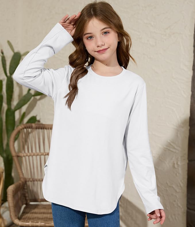 ZDC Girls Long Sleeve Shirts Kids Crewneck Soft Tunic Tops Curve Hem Side Slit T-Shirts 5-14 Years2