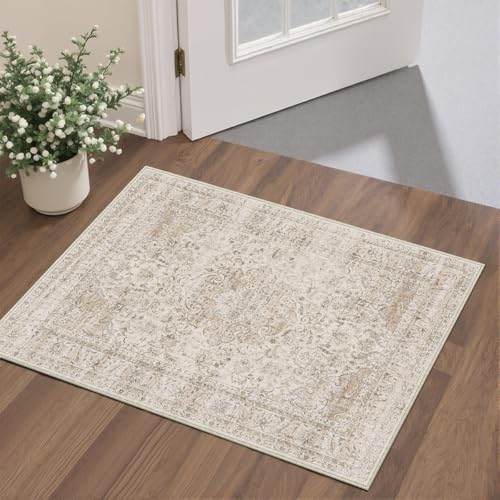 2x3 Washable Beige Vintage Area Rug for Entryway Non-Slip Low Pile Traditional Carpet Retro Distressed Soft Thin Door Mat Small Accent Throw Rug for Kitchen Entrance Bathroom Indoor