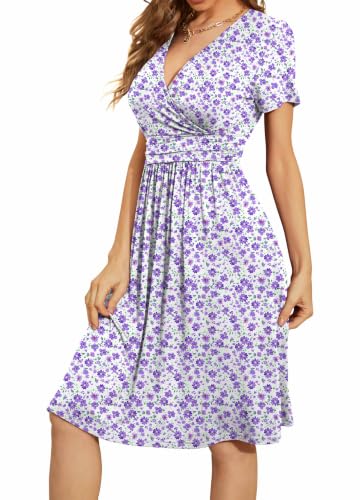 Image of WEACZZY Women's Summer Short Sleeve Casual Dresses V-Neck Floral Party Dress with Pockets