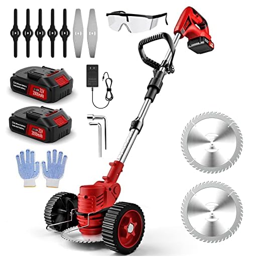Electric Cordless Weed Wacker, 3-in-1 Grass Trimmer Brush Cutter, Lightweight Push Lawn Mower Edger Tool with 3 Types Blades and 2Pcs 2Ah Rechargeable Battery Powered for Garden Yard