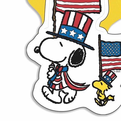 Image of Peanuts Snoopy Patriotic American Flag Adhesive Vinyl Decal - Fun Snoopy Parade Sticker for Car or Gear