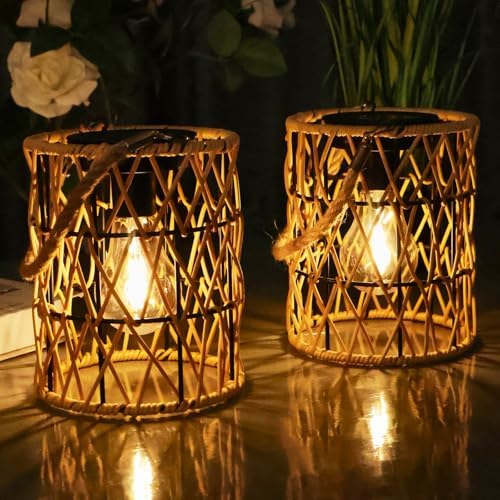 Hanging Solar Lanterns Outdoor Waterproof, 2 Pack Rattan Solar Ha...