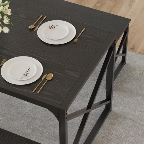 Image of VECELO 55 inch Kitchen Dining Table Set for 4, Heavy-Duty Steel Frame & Wood-Grain Tabletop, Space-Saving Dinette Sets with 2 Benches for Breakfast Nook and Small Space, Black