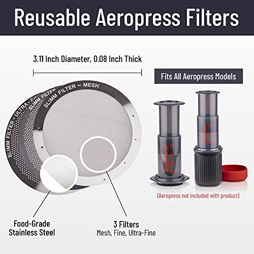 Reusable Filter Set By Slimm Filter - 3 Piece, Stainless Steel Metal - Mesh, Fine, Ultra-Fine Metal Filter For Aeropress Coffee And Espresso Maker - Brew Barista-Grade Coffee At Home #TOP1