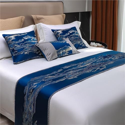 Camino De Cama con Estampado De Paisajes En Jacquard, Bufandas For La Cama, Cubrecamas For El Dormitorio, Cubrecamas Y Fundas De Cojín A Juego, Decoración(Blue,240X45cm)