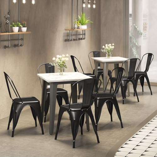 Image of COSTWAY Stackable Metal Dining Chairs Set of 4 with Back, Indoor & Outdoor | Black, Industrial Vintage Style, Breathable Seat, High Backrest, for Dining Room, Kitchen, Bar, Cafe, Bistro, Restaurant