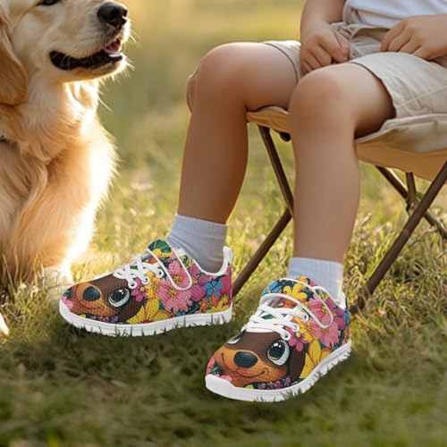 Boys Girls Shoes Kids Tennis Running Athletic School Sneakers for Little/Big Kid Cute Dog Groovy Flowers Pattern（White Sole）2