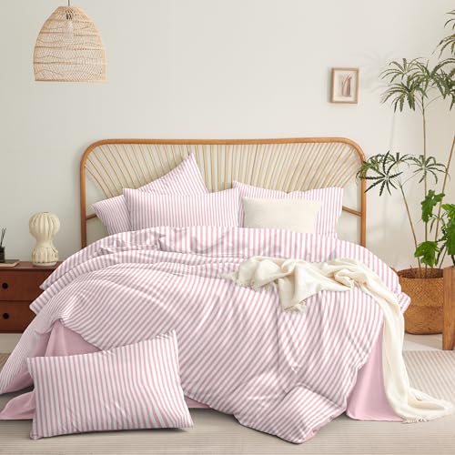 Image of Nayoroom Pink Striped Duvet Cover Queen Size White Stripe Duvet Cover Dorm Bedding Set 3 Pieces Soft Lightweight Washed Microfiber Farmhouse Bedding Set Gifts for Women Men
