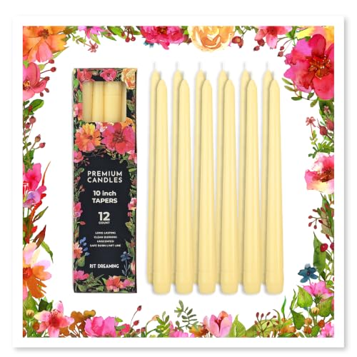 Butter Yellow Taper Candles 10 Inch 12 Pack - Unscented Dripless Dinner Candles 7 Hour Burn Time Premium Solid Wax Candlesticks for Weddings Parties Events & Home Decor. Dripless Candlesticks