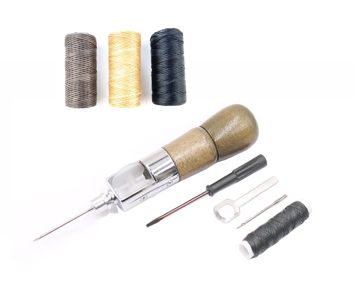 Becho Professional Stitcher Sewing Awl Leather Craft Making,Stitcher Repair Accessory Tool Kit with 3 R Waxed Thread for Leather Sail,Heavy Canvas and More(Archaize Wood)