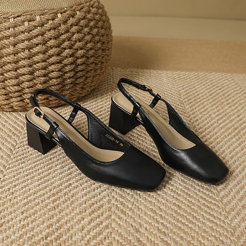 Women's Leather Slingback Chunky Heels Pumps Comfortable Square Closed Toe Buckle Slip On Block Heel Party Office Work Dress Heels 2.6"3