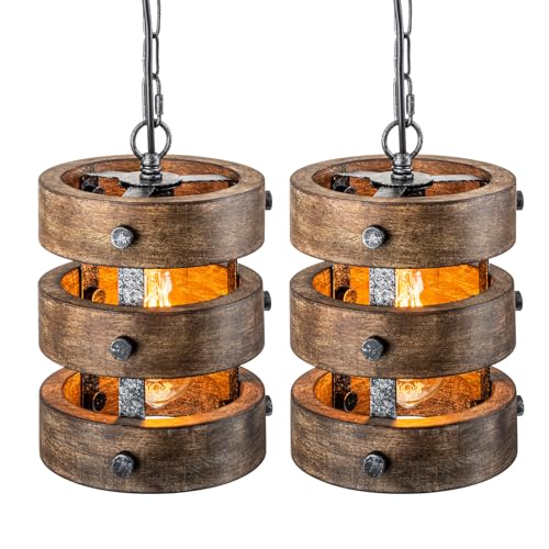 Ymlii 2pack Farmhouse Wood Pendant Lights Kitchen Island, Dining Room Lighting Fixtures Over Table Rustic Chandelier Height Adjustable Hallway Light for Foyer Living Room Bar Restaurant