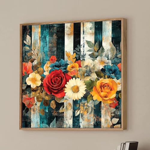 Image of Vintage Floral Framed Canvas Wall Art Painting for Living Room | Colorful Rose & Daisy Artwork Painting with Frame | Modern Decorative Wall Decor for Home & Office, 23x23 Inch