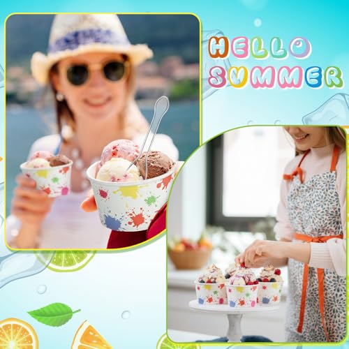 Image of Boao 100 Set 5 oz Ice Cream Cups with Spoons Disposable Paper Sundae Dessert Bowls Summer Party Supplies (Splatter)