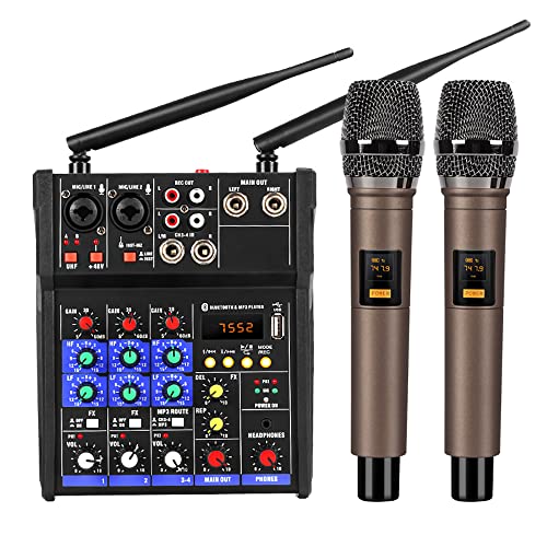 4チャンネルサウンドミキサー、ワイヤレスマイク付きプロフェッショナルデジタルDJミキシングコンソール、Bluetooth対応、ライブレコーディング用ポータブルスタジオオーディオミキシングボード