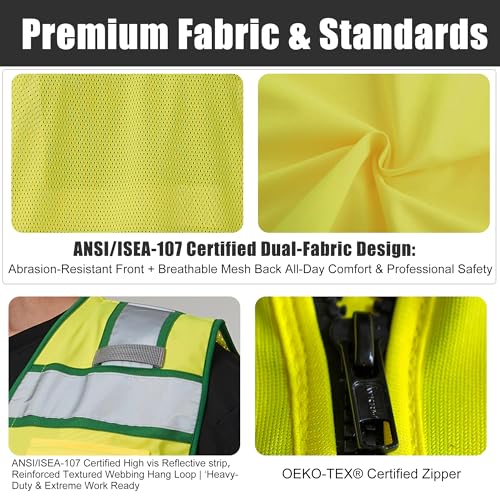Image of High Vis Reflective Safety Vest for Men Women Zipper Ipad Pockets Mesh Construction Apparel Neon Vest for Work
