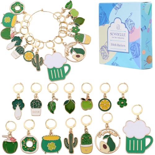 SUNNYCLUE 1 Box 14Pcs Stitch Marker Cute Crochet Markers Bulk Green Cactus Enamel Charms Small Locking Metal Plant Knit Stitch Markers for Crocheting Knitting Sewing Weaving Quilting jewellery Making