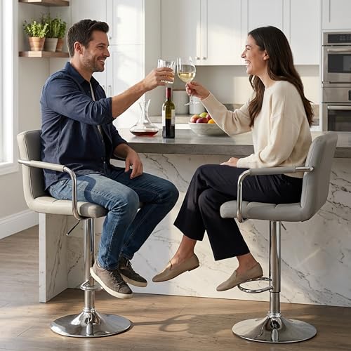 Image of HealSmart Bar Stools Set of 2, Adjustable Swivel Bar Chairs with Cushioned Armrests & Ergonomic Backrest, Water-Resistant PU Leather for Kitchen Island Counter Pub Dining Room, Grey