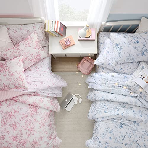 Image of Laura Ashley - Twin Comforter Set, Soft Bedding with Matching Sham, Reversible Floral Bedroom Decor, College Dorm Room Essentials (Belinda Blue)