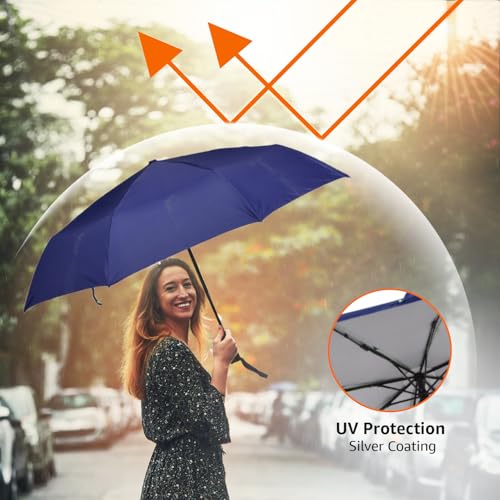 Image of Amazon Basics 3-Fold Travel Umbrella - Sophisticated Auto-Open Auto-Close Mechanism, Large 42 inch Canopy, RainProof & UV Protection|Ideal for Men & Women | Stylish, Durable, and Functional Design