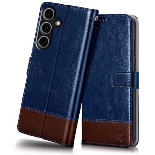 Image of FLIPPED Vegan Leather Flip Case Back Cover for Samsung Galaxy S25 5G (Flexible, Shock Proof | Hand Stitched Leather Finish | Card Pockets Wallet & Stand | Blue with Brown)