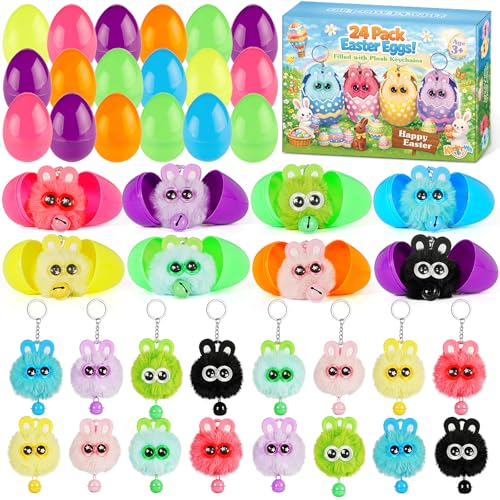Kederwa 24 Pack Prefilled Easter Eggs with Bunny Keychains for Kids