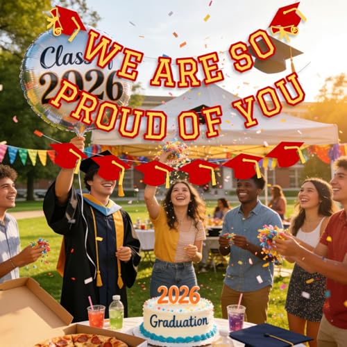 Image of We Are So Proud Of You Banner Graduation Party Decorations Congrats Grad Cap Garlands Wall Sign Red Gold