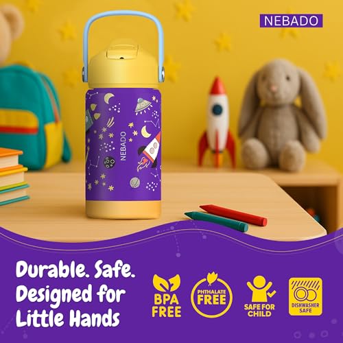 Image of Kids Stainless Steel Insulated Water Bottle with Straw 12oz - Leak Proof Toddler Thermos Cup for School, BPA Free with Handle & Non-Slip Silicone Base, Dishwasher Safe, Cosmic Purple