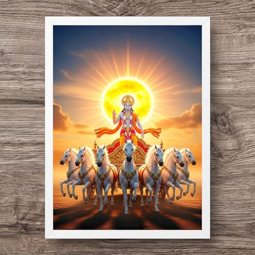 Image of ARTFUL TOY BOX - Surya Dev with Seven (7) Horses Photo Frame Wall Hanging | Divine Solar Chariot Rising Sun Design | Spiritual Surya Dev Artwork | Glossy HD Print | Premium White Fiber Frame | Devotional Home Decor - 12x18 Inch (30x45 cm)(Design 4)