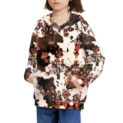 Brown Cow Boys Girls Fleece Hoodies Plush Pullover Hoodie Casual Ethnic Style Hooded Sweatshirts with Pocket for Age 6-16 Kids