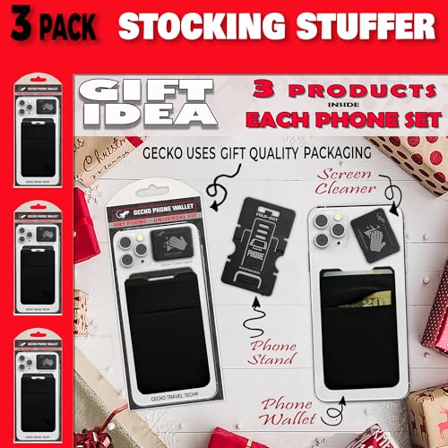 Image of Gecko Travel Tech Double Pocket - Adhesive Card Holder - Cell Phone Pouch - Stick on Spandex Pocket - Carry Credit Cards and Cash (3 Pack - -Blank- Black)