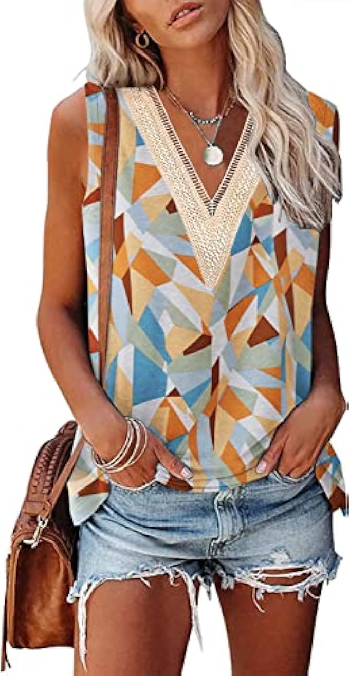 ETCYY Summer Tops for Women 2023 Trendy Causal Cute Tank Tops Loose Fit Tie Dye Lace V Neck Sleeveless Shirts Blouse