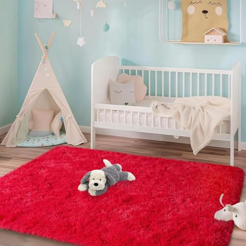 Red Rugs for Bedroom, 3x5 Fluffy Area Rugs for Living Room, Soft Shag Kids Rug Small Carpet with 4 Non-Slip Rug Pads (Red, 3ft x 5ft)